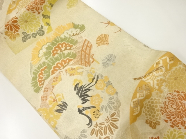 アンティーク　地紙に松菊・鶴模様織出し名古屋帯（材料）